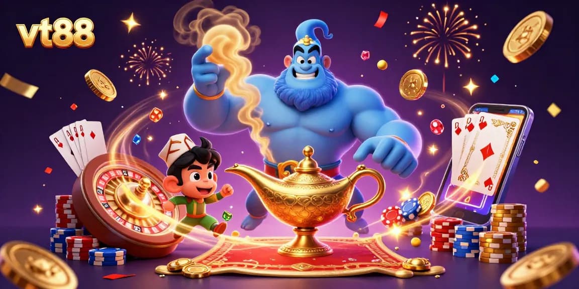 Spin to win at vt88 with a dynamic casino scene featuring a genie, colorful poker chips, and festive elements.