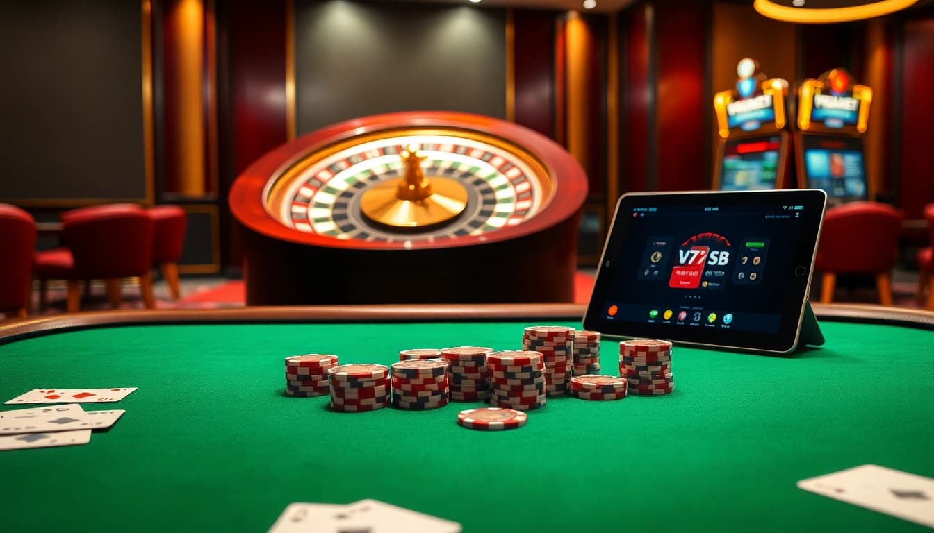 Exciting poker action at V7SB casino, featuring a polished poker table with vibrant chips and cards.