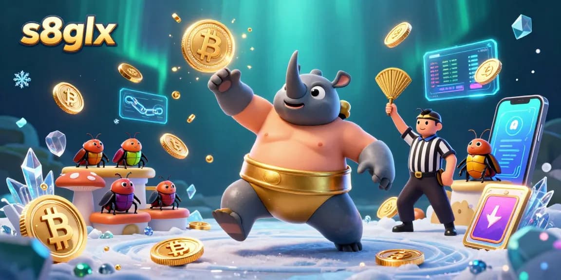 Witness the excitement at s8glx casino with a dynamic 3D scene of beetles and cryptocurrency elements.