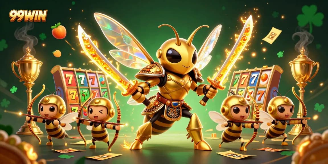 Engage with 99WIN's vibrant gambling scene featuring a golden hornet and jackpot elements.
