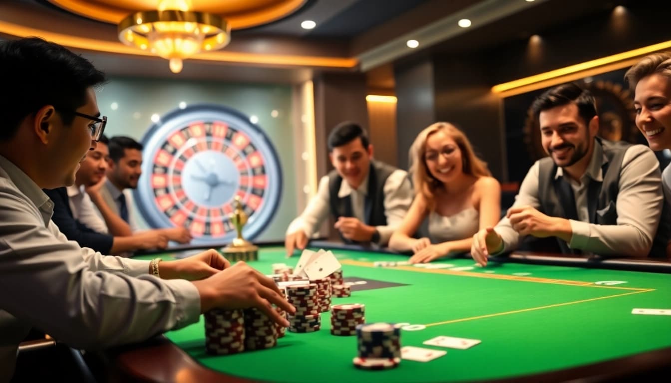 Players enjoying thrilling games at PS99 online casino with vibrant poker chips and cards.