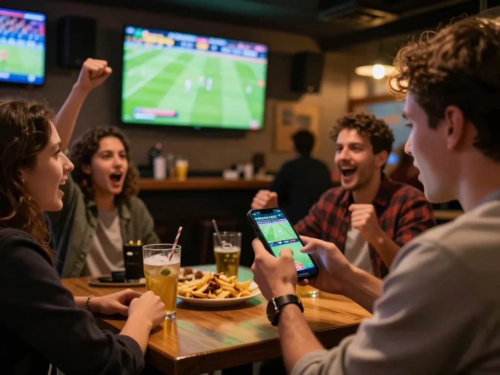 Engaging in บอล ออนไลน์ betting action during live match at a vibrant sports bar