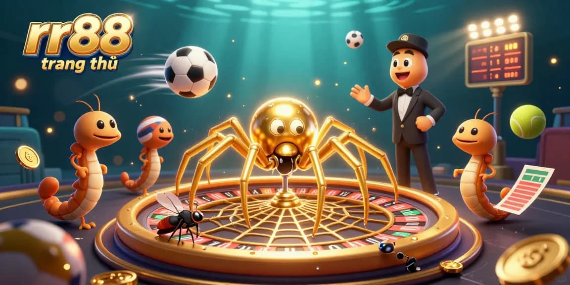 Experience the excitement of rr88 trang chủ with a golden spider web roulette in this vibrant 3D scene.