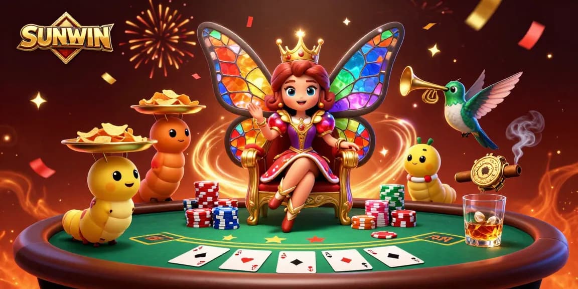 SUNWIN showcases an animated butterfly queen amidst vibrant casino elements, featuring poker tables and colorful chips.