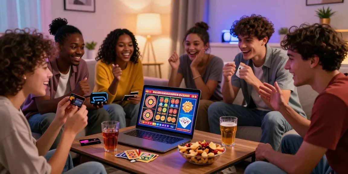 Exciting scene of friends exploring credit card casinos online in a cozy living room with vibrant game graphics.