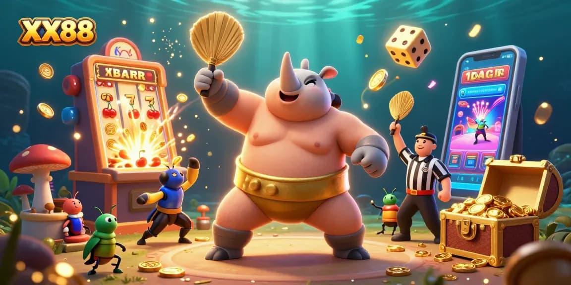 XX88 showing a lively casino scene with a beetle champion, coins flying, and slot machine bursts.