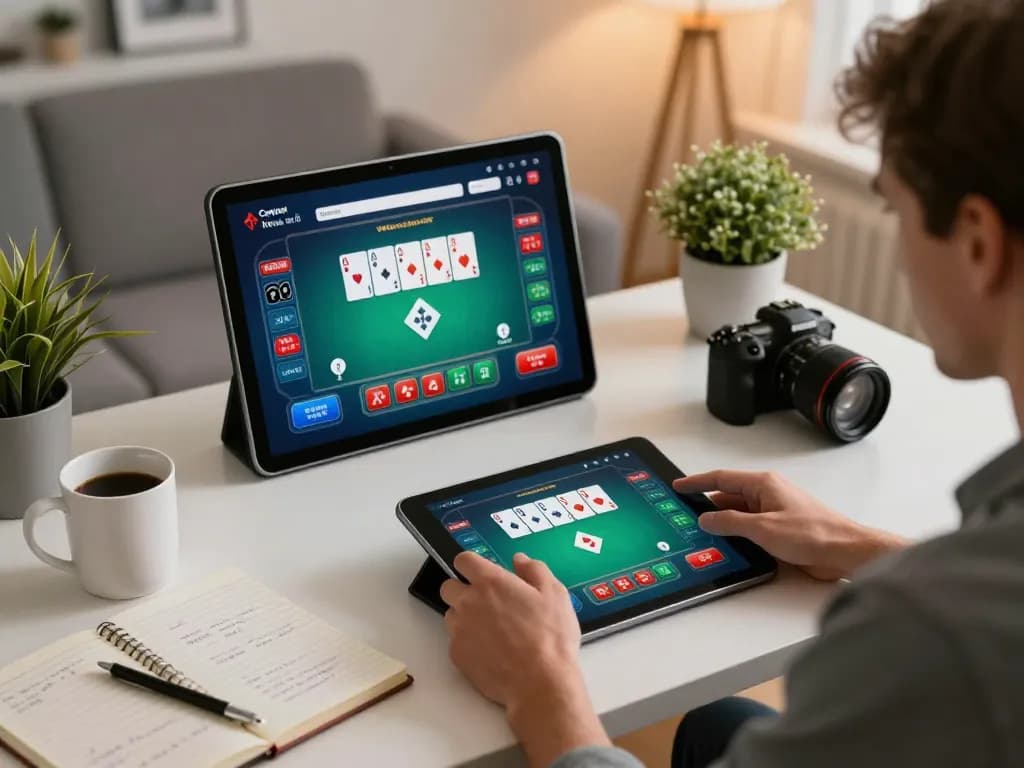 uk88 player engaging in online poker strategy in a cozy home environment.