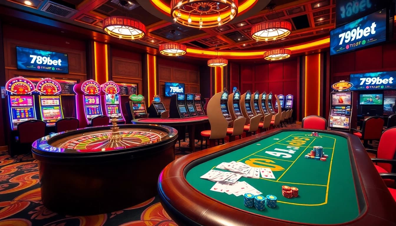 Experience the excitement of gambling at 789bet with vibrant casino tables and slot machines.