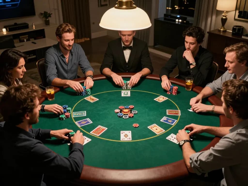 789win players enjoying a spirited poker game with vibrant chips and community cards at a cozy home