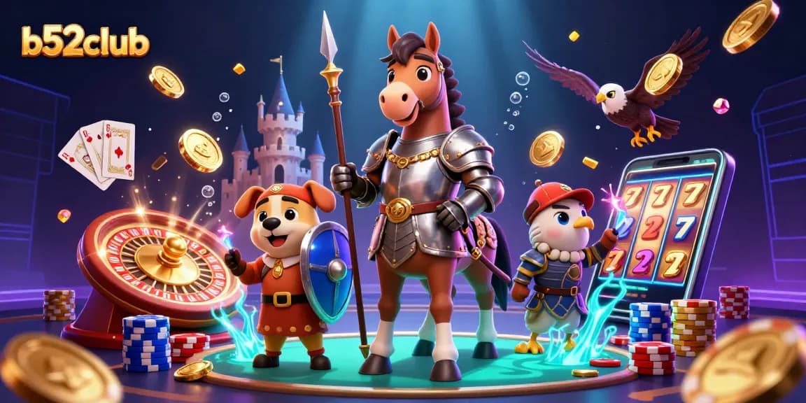 Engage with B52Club's exciting casino world featuring knights, coins, and casino elements.