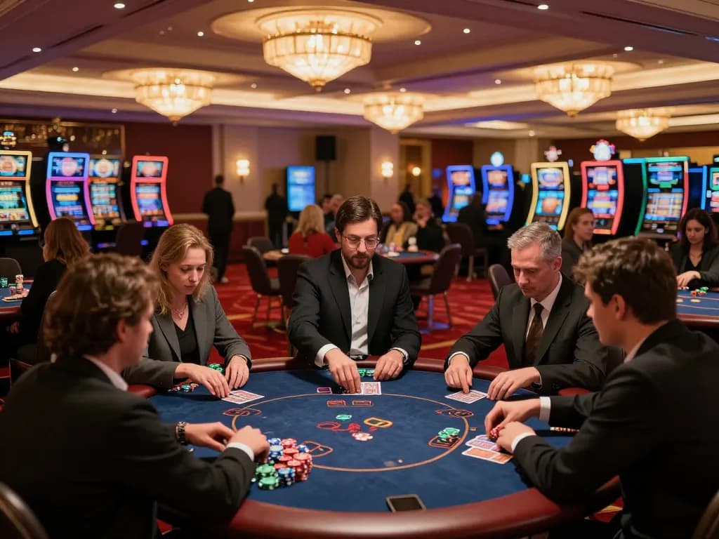 Experience link vào mu88 with vibrant gameplay on the casino floor featuring engaged players at poker tables.