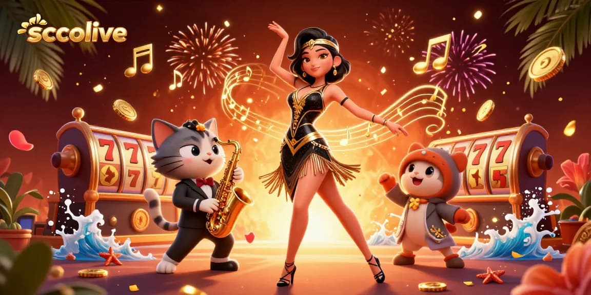 Socolive brings excitement with dynamic slot reels and festive atmosphere in a lively casino scene.