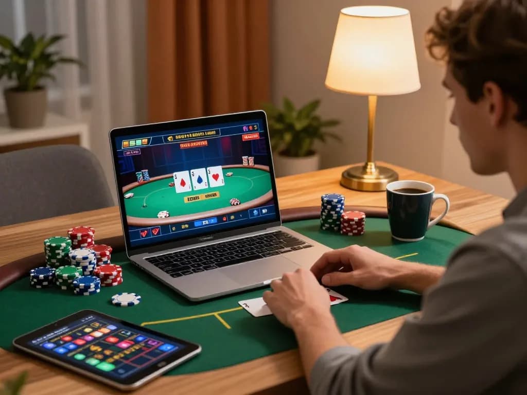 HM88 gaming strategy session with chips and poker interface; a focused player ready for wins.