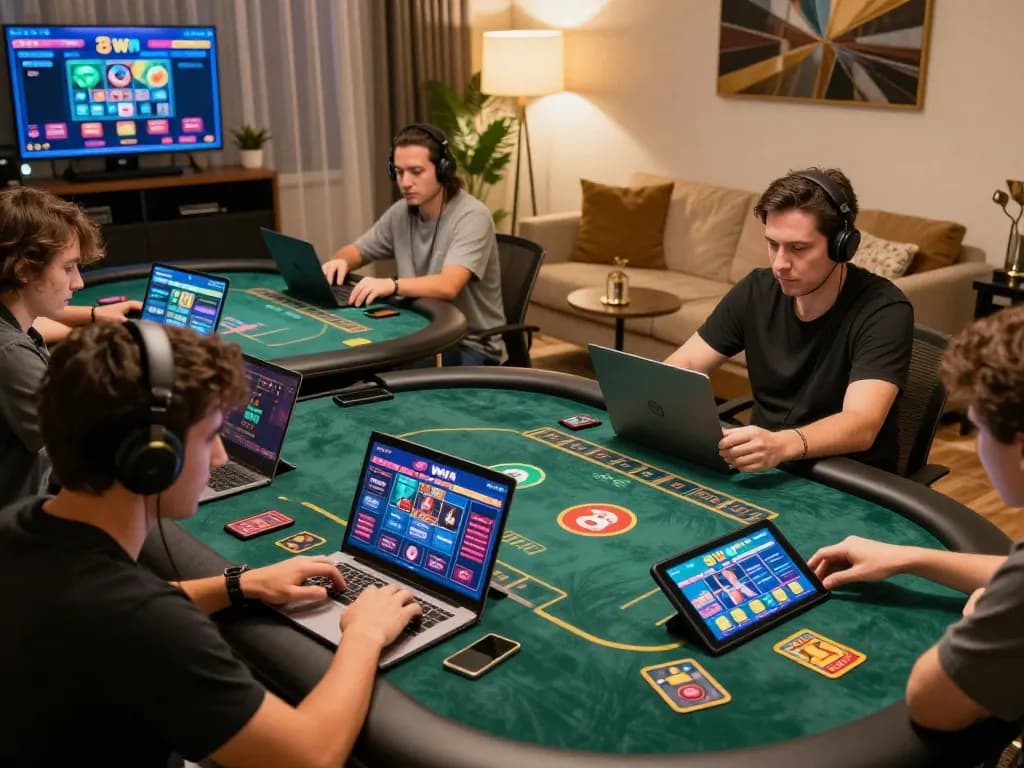 Engaged players exploring 33win's online casino games in a comfortable home setting.
