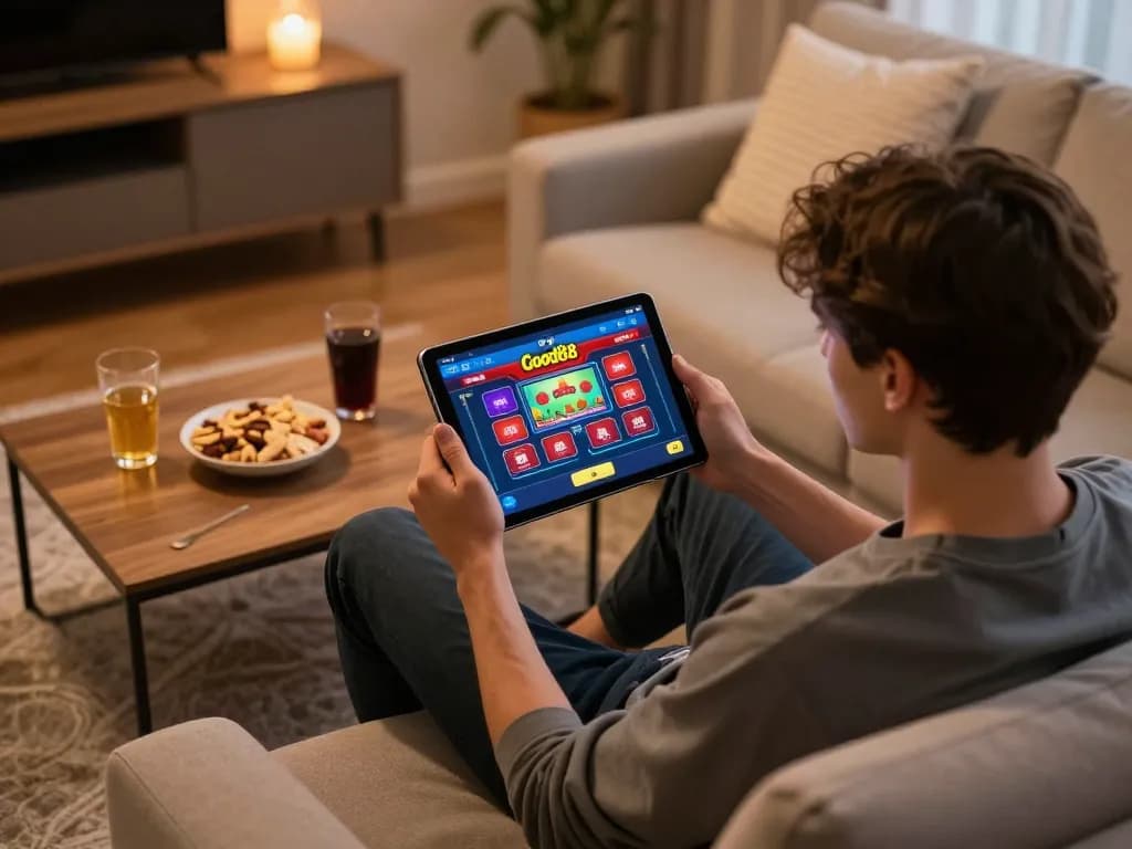 Engaging online betting experience with Good88 casino app on tablet, showcasing comfortable gaming lifestyle.