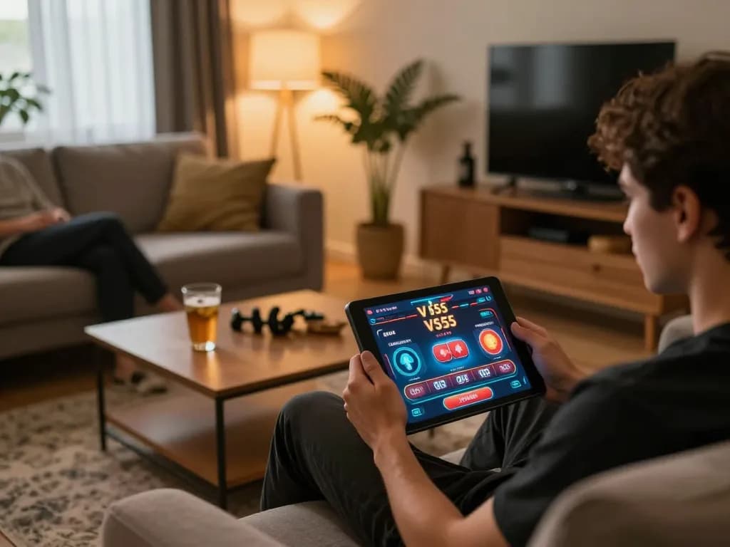 Engaging in online gaming at VS555 Bangladesh, showing tablet interface with casino games.