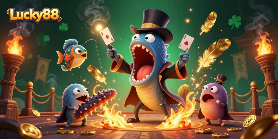 Lucky88 features a magical casino scene with a gulper eel performing card tricks among vibrant casino elements.