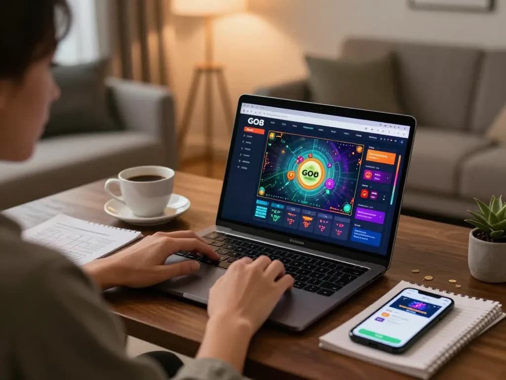 Player engaging with GO8 online gaming interface in a cozy home setup, showcasing responsible gambling.