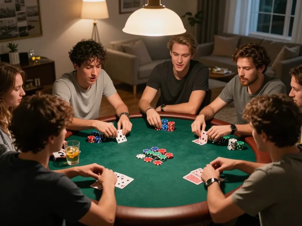 lc88 players enjoying an intense poker night with friends, vibrant chips and cards adding excitement