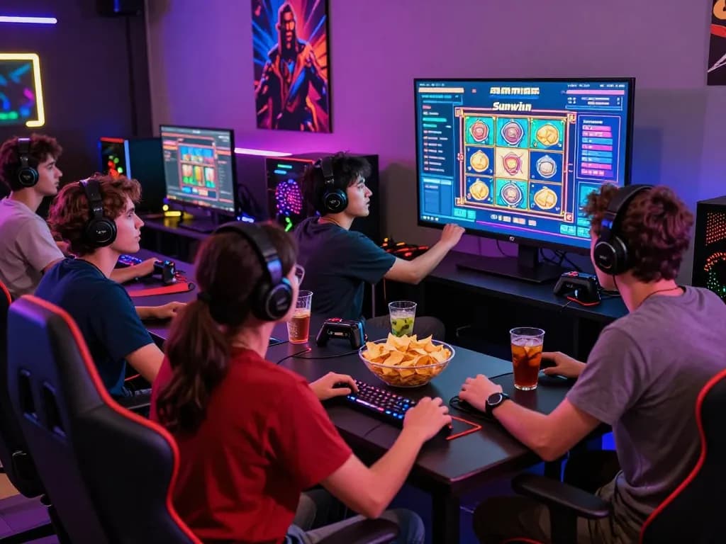 Diverse friends enjoying Sunwin gaming experience surrounded by snacks and tech in a vibrant lounge.