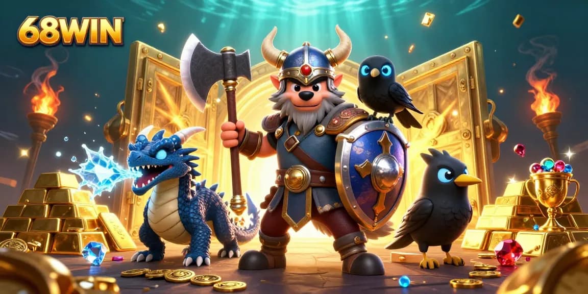 Join the adventure with 68WIN in this epic casino showdown, featuring a Viking wolf hero and treasure galore.