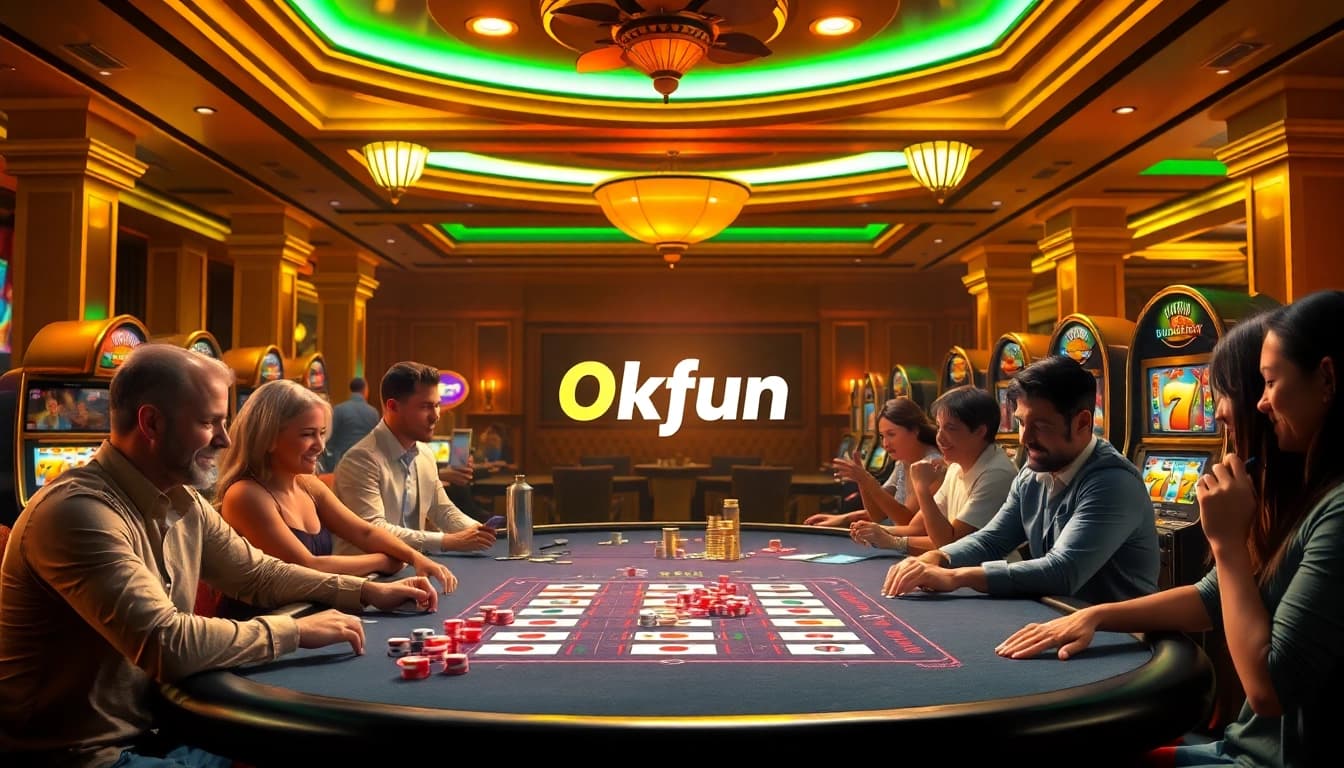 Exciting casino atmosphere at Okfun with vibrant tables and enthusiastic players.