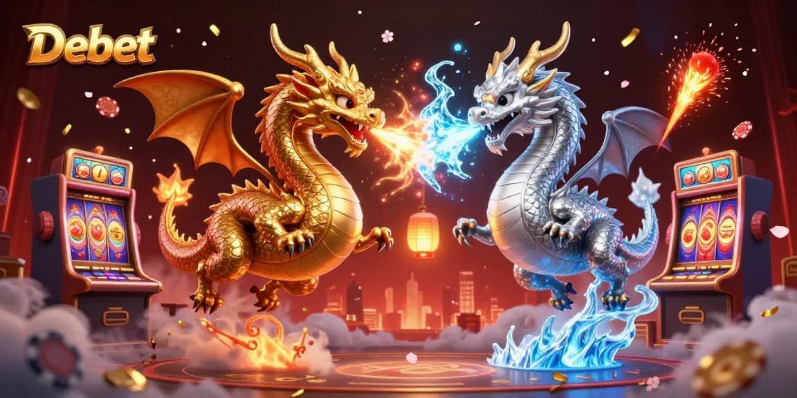 Experience thrilling gameplay with Debet, featuring intertwined dragon characters and dynamic slot elements.