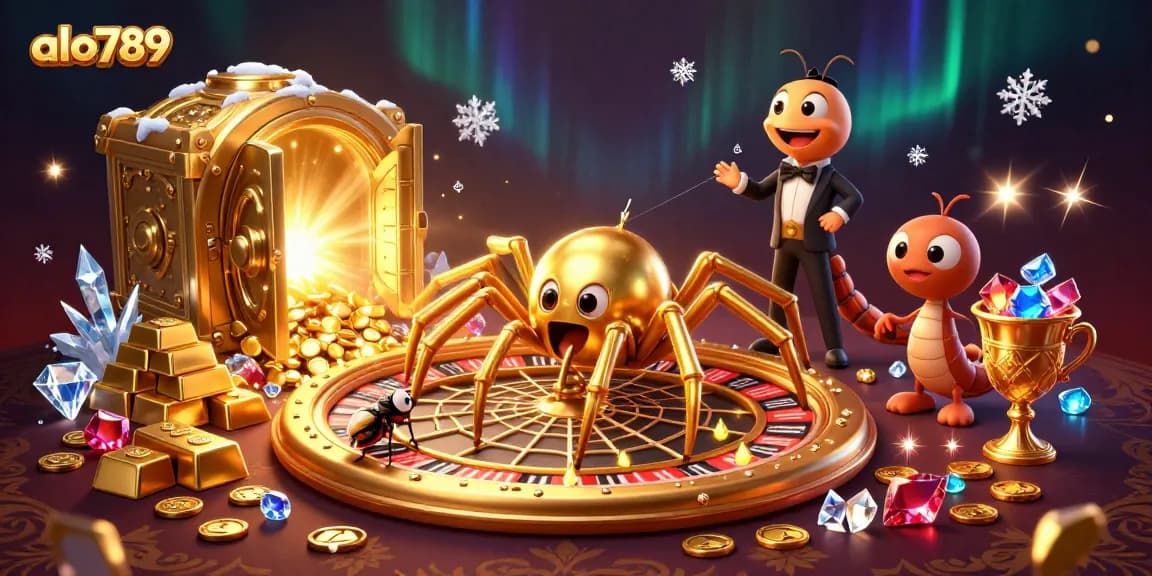 Place bets on alo789 with the golden spider spinning a roulette wheel web, capturing thrilling moments.