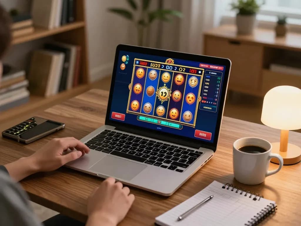 Player engages in online gambling at vmax com with vibrant slot game on screen, warm home setting