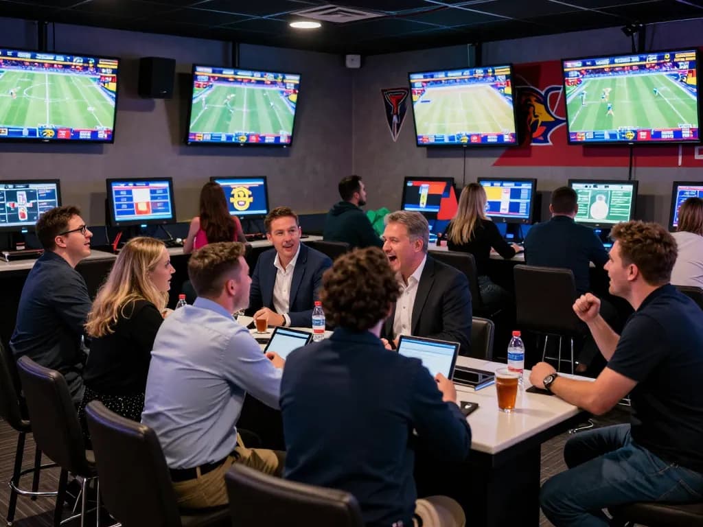 Patrons engaged in sports betting at Bong88, screens displaying live odds and games in an exciting atmosphere.