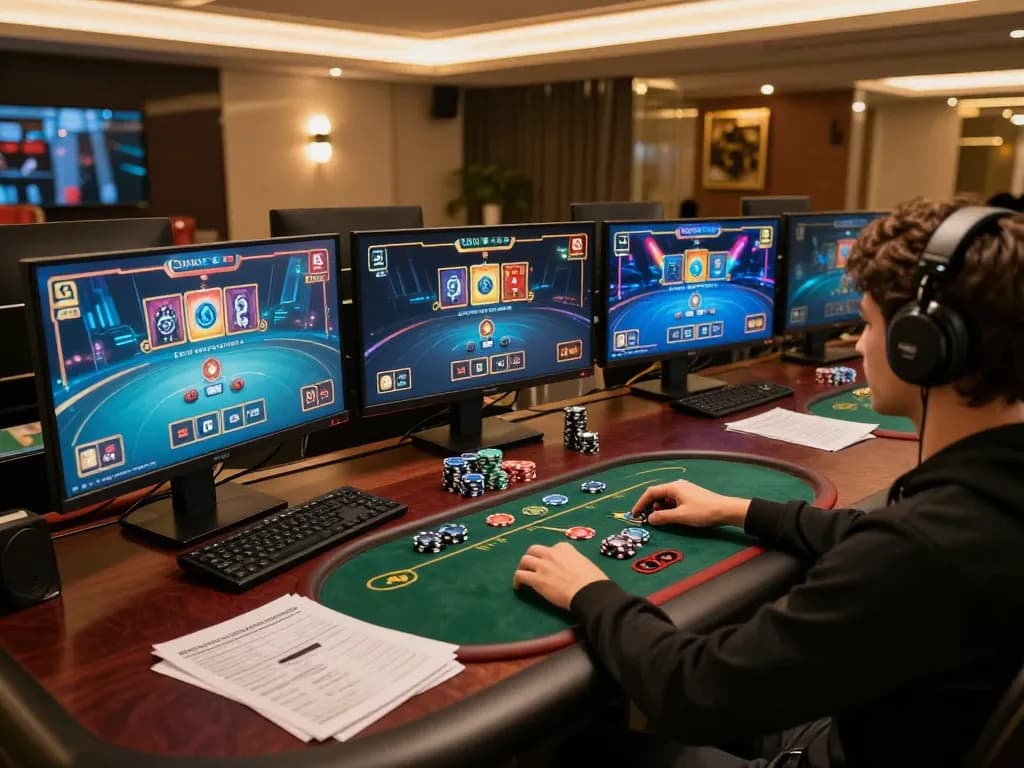 Player engaging in strategic online gaming at vu88 with vibrant slot graphics and poker chips.