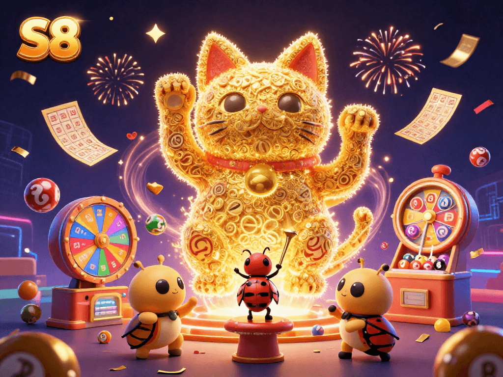 S8's vibrant casino scene features a lucky cat, lottery balls, and festive elements for thrilling play.