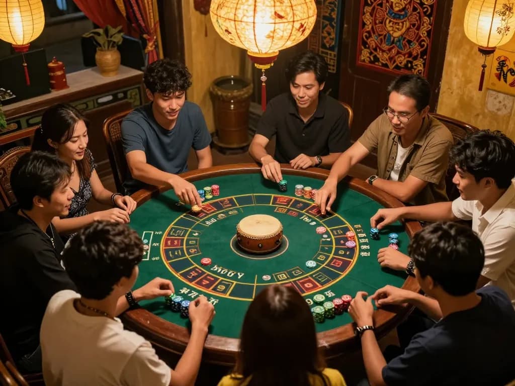 Players engaging in an intense xóc đĩa game, showcasing vibrant betting chips and traditional decor in an exciting atmosphere.