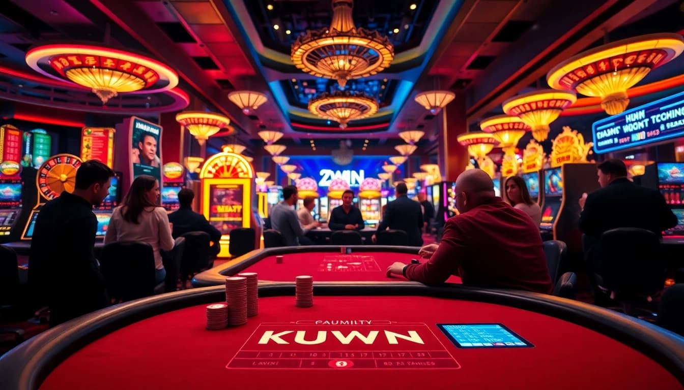 Experience the excitement at a KUWIN-themed casino table with vibrant poker chips and sleek game interfaces.