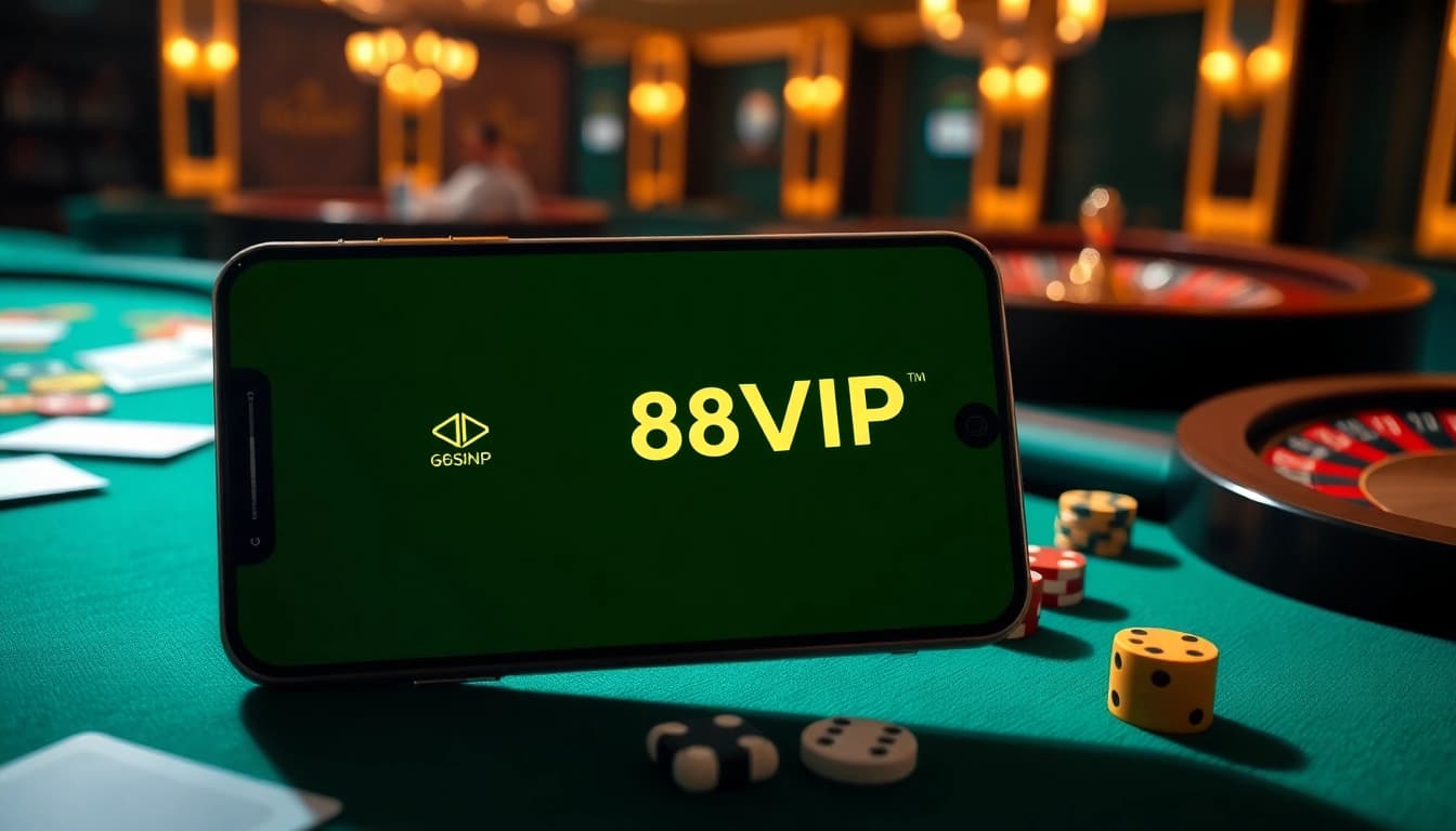 Tải App Nhà Cái 68VIP showcased on a luxurious smartphone set in a vibrant casino scene.