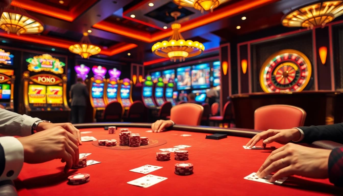 Players enjoying a high-stakes poker game at QQ88 Social's lavish casino, featuring vibrant chips and cards.