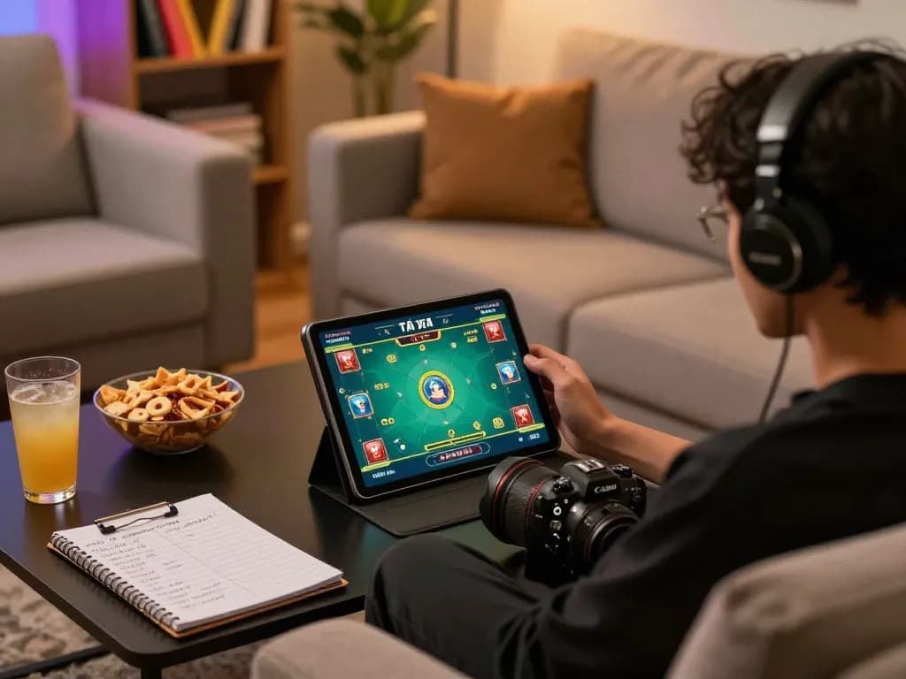 Tài Xỉu gameplay on tablet at home, showcasing strategic notes and snacks for immersive entertainment.