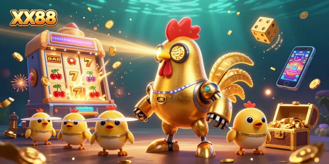 Engage with XX88's exciting 3D casino games featuring a golden rooster robot and vibrant slot machine elements.