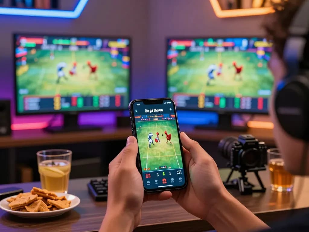 Experience thrilling moments of Đá gà thomo through a smartphone app during live matches in an engaging gaming setup.