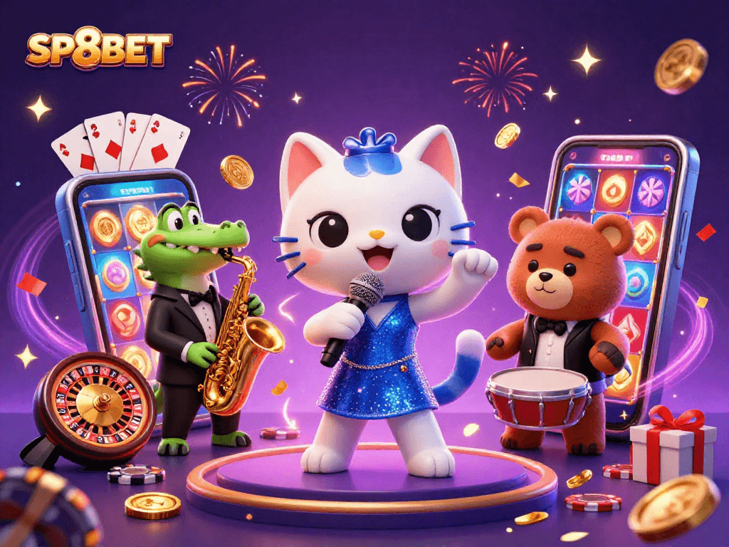 Join the excitement at SP8BET with vibrant characters celebrating online gambling