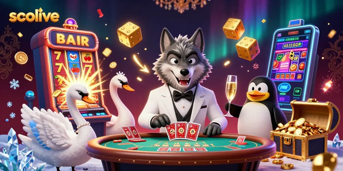 Engage with Socolive's vibrant atmosphere featuring a debonair wolf and elegant characters amidst dynamic casino elements.