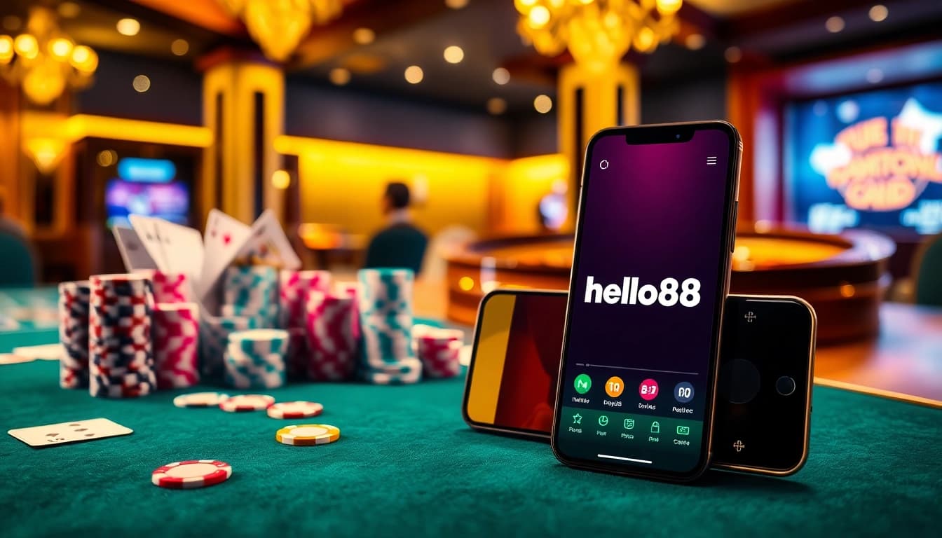 Hello88: Engaging players at an elegant casino table with vibrant games and atmosphere.