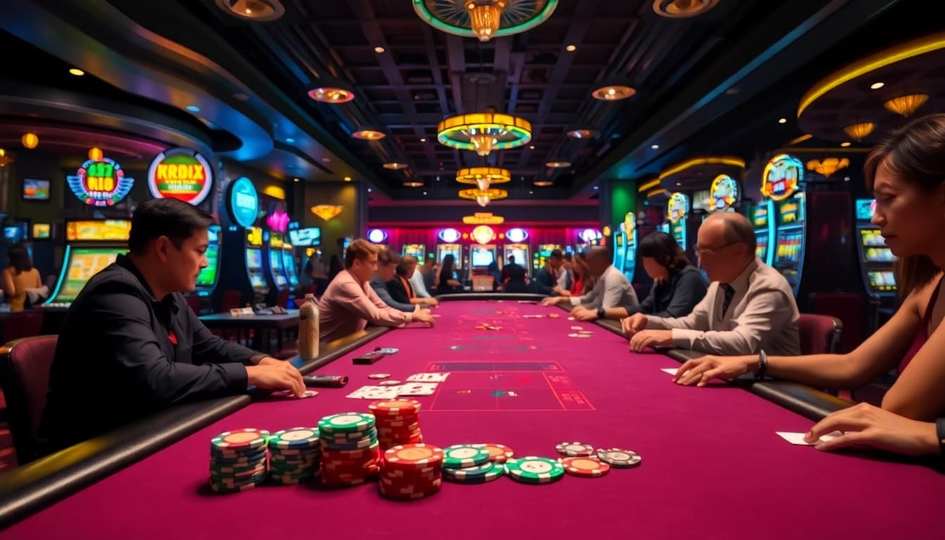 Engaged players enjoying an exciting RR88 casino experience at a vibrant gaming table.