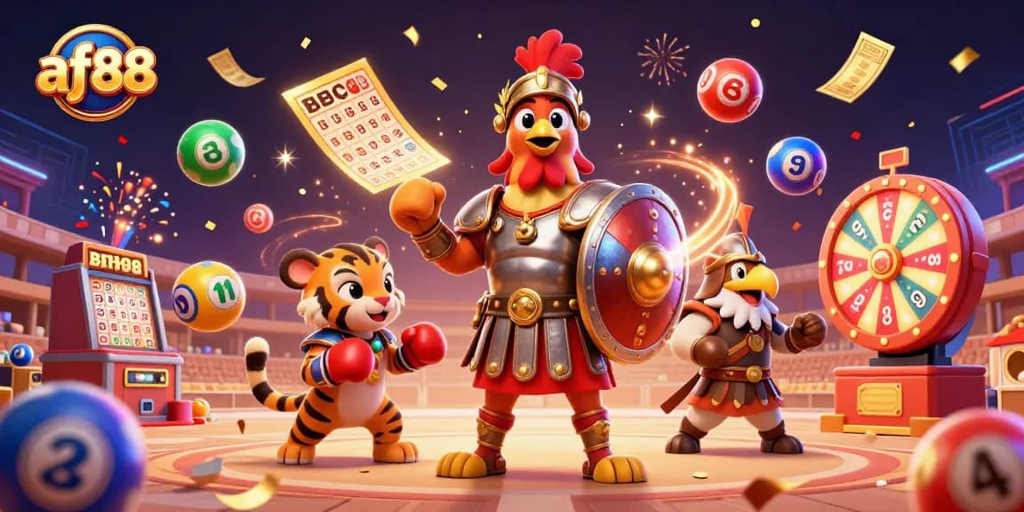 Engage at af88 with lively 3D characters celebrating casino wins amidst dynamic lottery elements.
