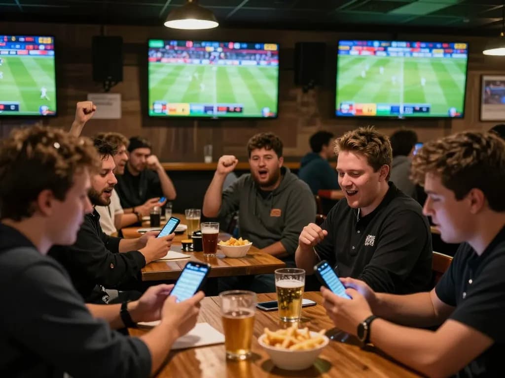 Socolive users passionately placing bets during a live football match, vibrant sports bar atmosphere.