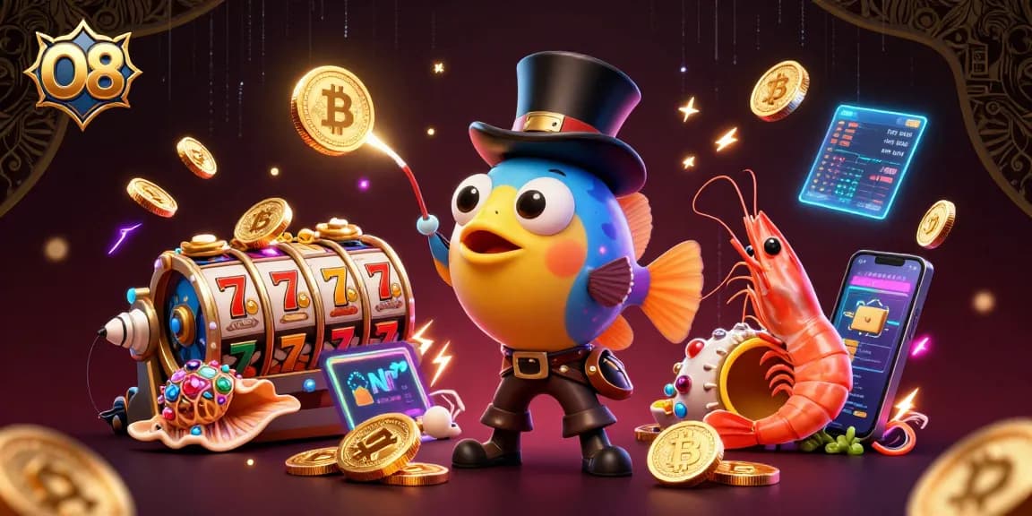 Engage with O8's thrilling slots scene featuring anglerfish, shrimp, and sea snail amid glowing crypto coins.