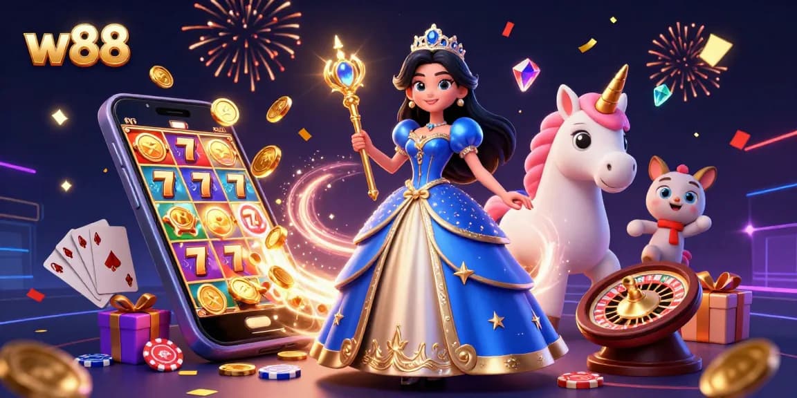 Experience w88 with a glamorous scene showcasing thrilling slot games and engaging characters.