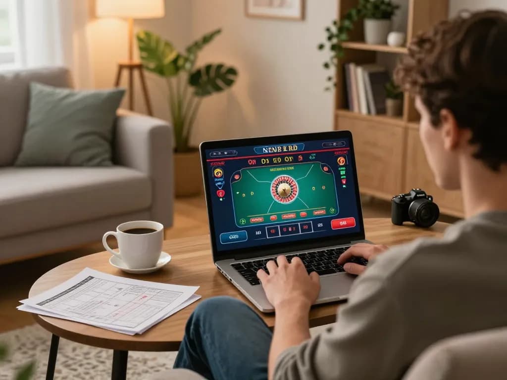Engaged in online betting, nhà cái 79king player enjoying a live dealer roulette game in a cozy setting.