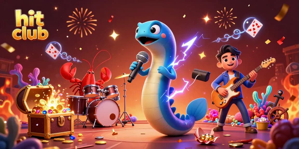 Engage in vibrant underwater entertainment at hit club, featuring an electric eel DJ amid lively coral and game elements.