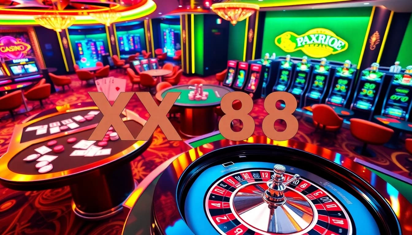 Players enjoying a premium XX88 online gambling experience with casino tables and vibrant slot machines.